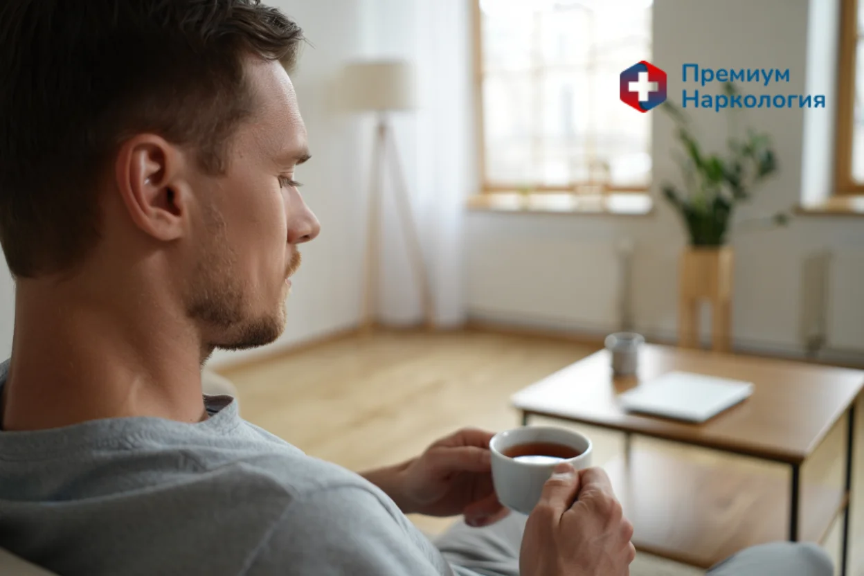 Мужчина безразлично пьет чай дома